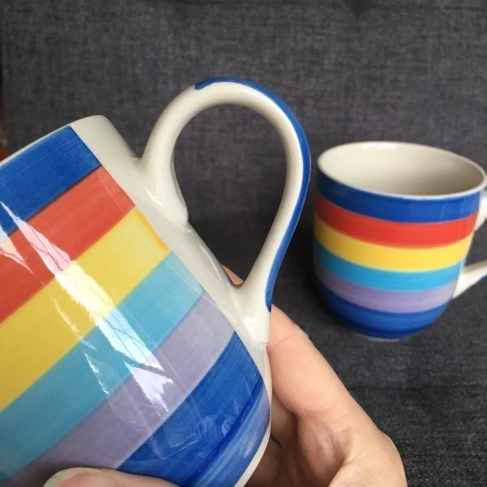 Set/2 Rainbow Striped Ceramic Coffee Mugs, 14 oz